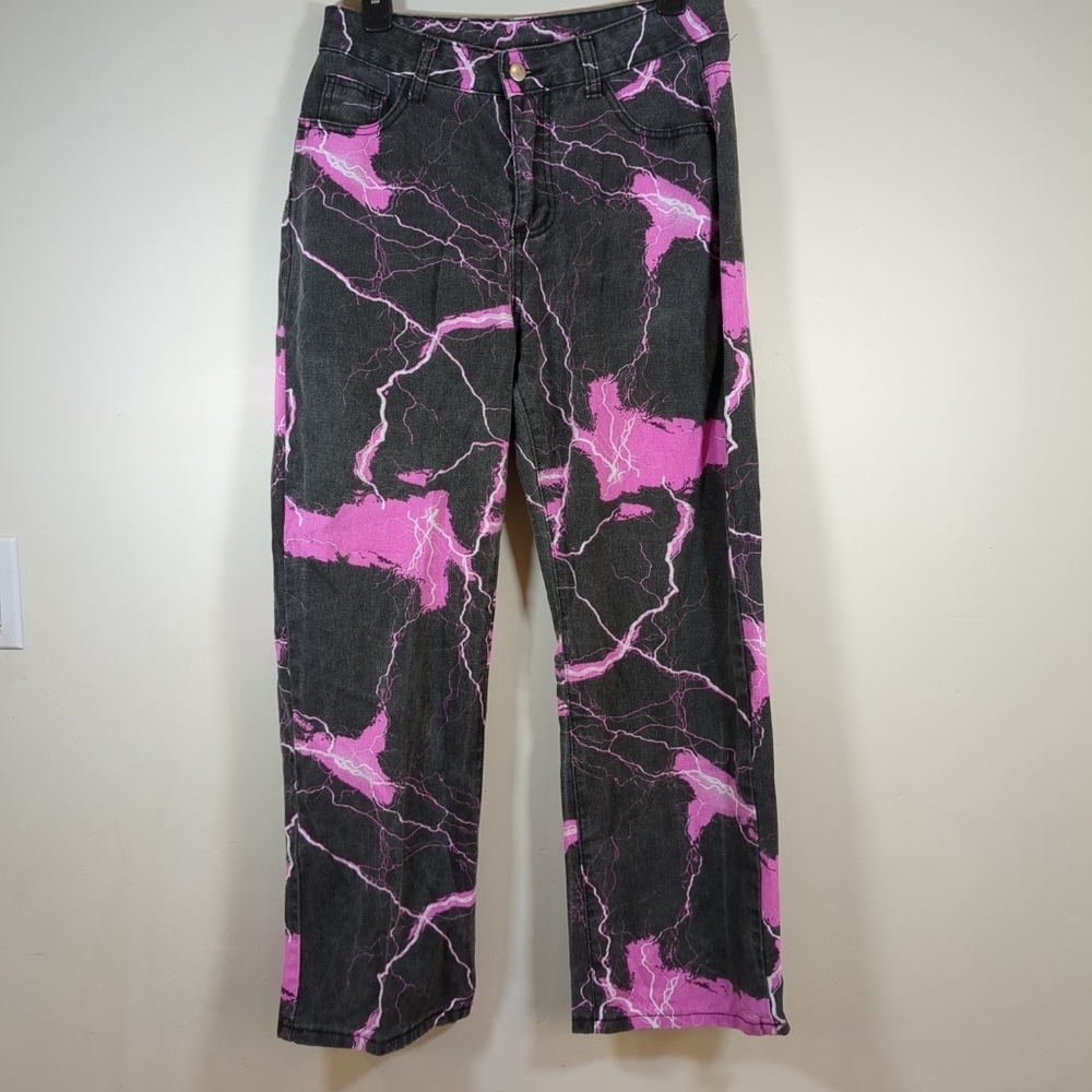 Lighting print women's wide leg black and pink jeans, size L